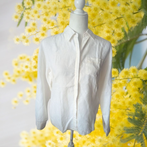 vtg 100% Linen White Button Down Lightweight Casual Shirt Tonal Sequins Sz 4 - Picture 7 of 9